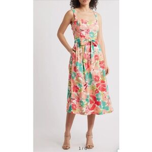 JULIA JORDAN Floral Print Square Neck Midi Dress Belted Waist Ivory